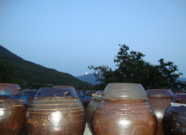 장독대 건너 멀리 보이는 산허리에 보름달이 걸쳤다!